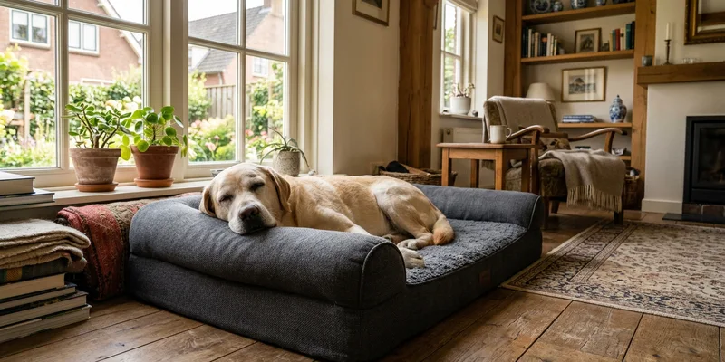 Orthopedische hondenmand met oudere hond