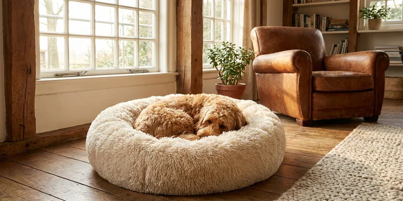 Donut-hondenmand met opgekrulde hond