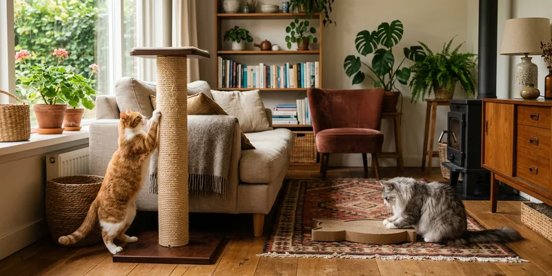Twee katten met twee krabpalen