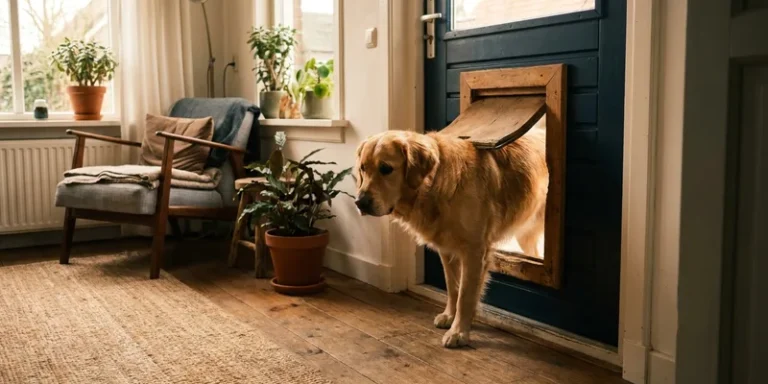Hond stapt door een hondenluik