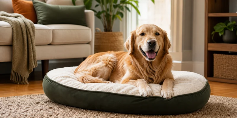 Hond op comfortabele hondenmand in woonkamer