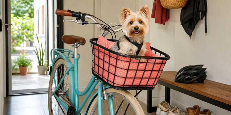 Hond in fietsmand bij voordeur
