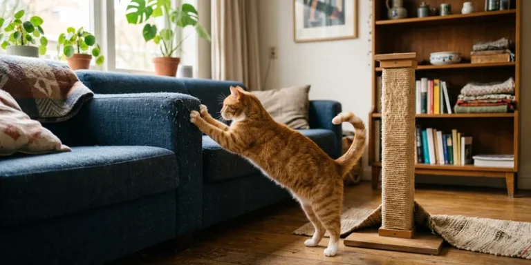 Kat bij de bankleuning met krabpaal ernaast