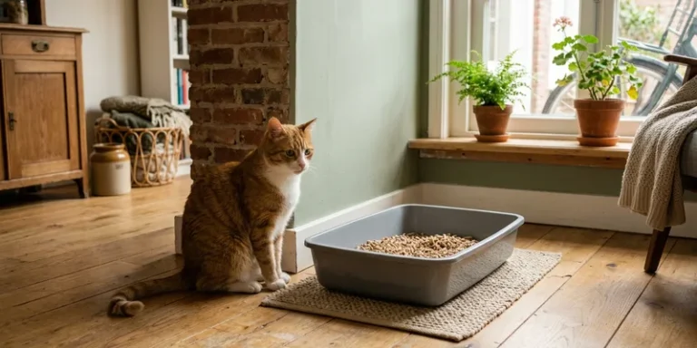 Kat zit naast de kattenbak