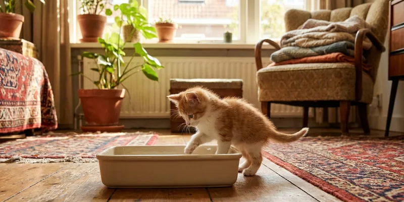 Kitten bij een lage kattenbak