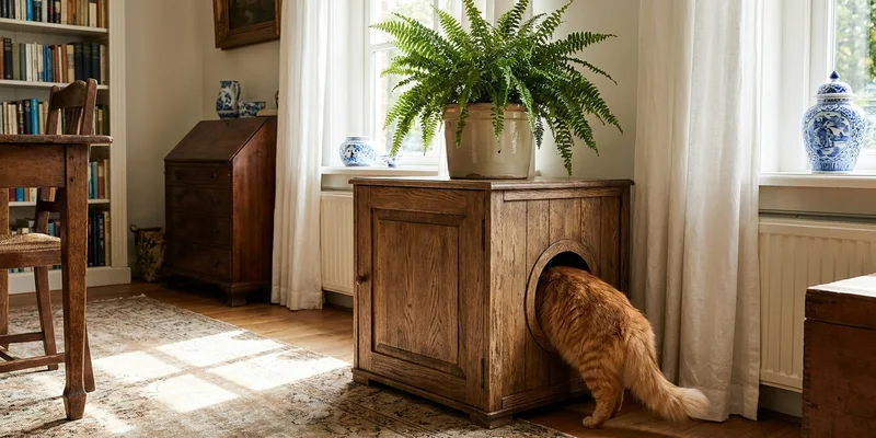 Kattenbakkast met kat bij de ingang