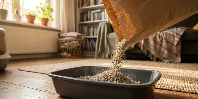 Kattenbakvulling wordt in de bak gegoten