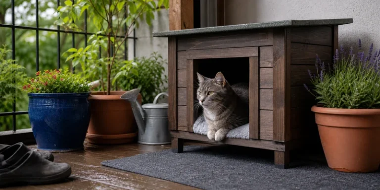 Kat in beschut kattenhuis buiten