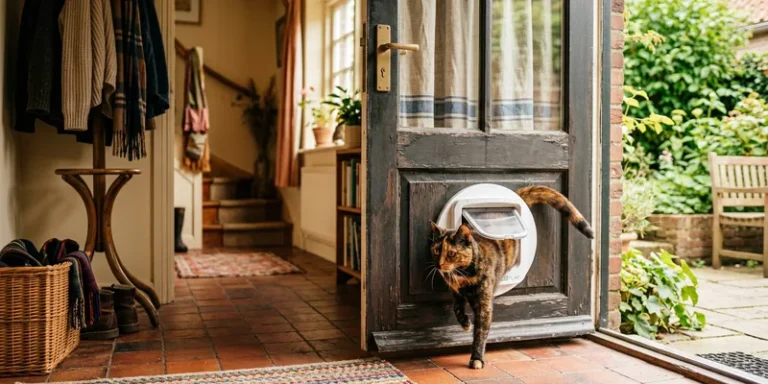 Kat stapt door een kattenluik