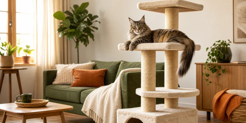 Kat op stevige krabpaal in woonkamer