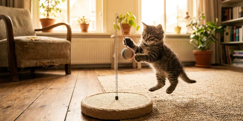 Kitten speelt bij lage krabpaal