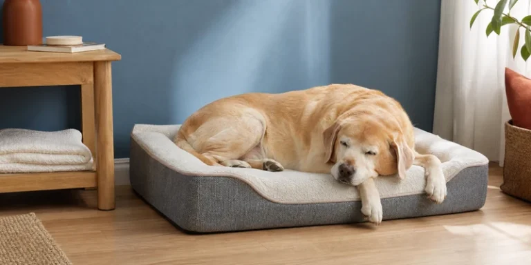 Oudere hond op orthopedische hondenmand