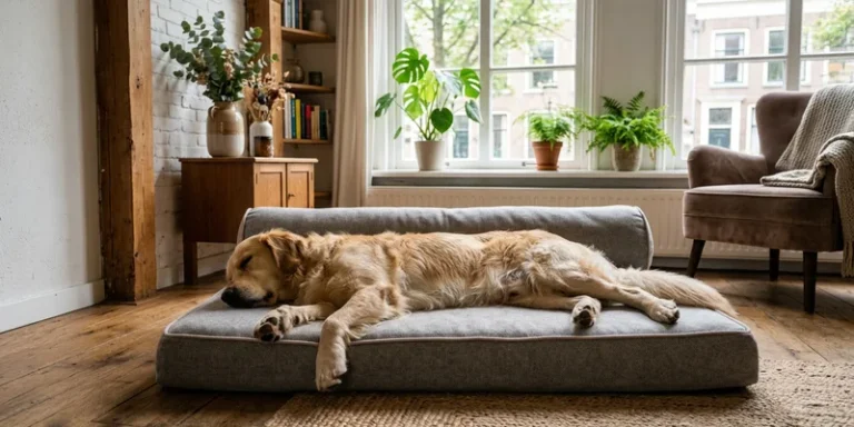 Orthopedische hondenmand met uitgestrekte hond