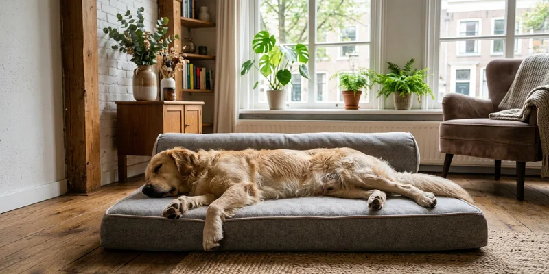 Orthopedische hondenmand met uitgestrekte hond
