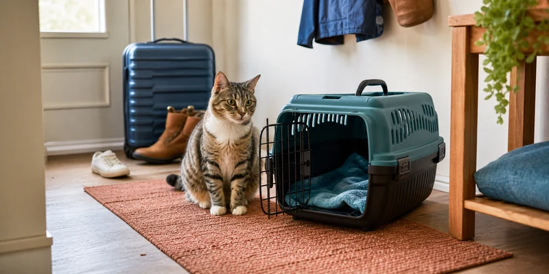 Kat in reismand in levendige hal