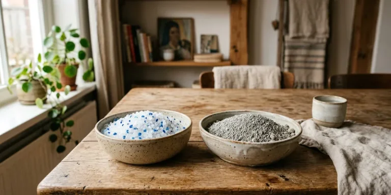 Silica- en klontvormende kattenbakvulling naast elkaar