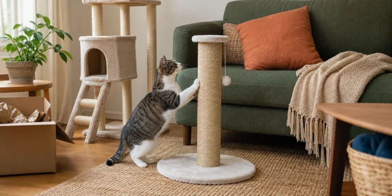 Kat gebruikt krabpaal in huiselijke woonkamer