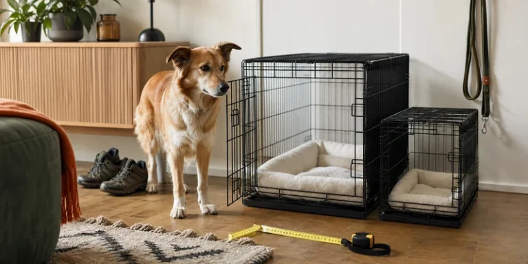 Hond bij twee hondenbenches met meetlint