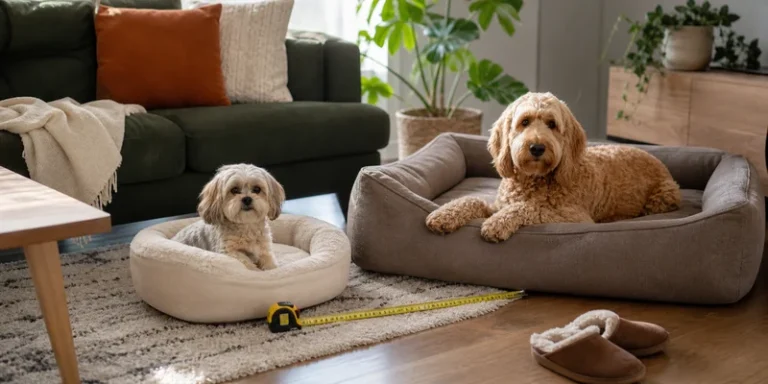 Twee honden bij hondenmanden met meetlint in woonkamer