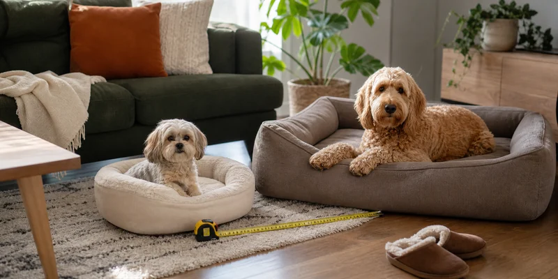 Twee honden bij hondenmanden met meetlint in woonkamer